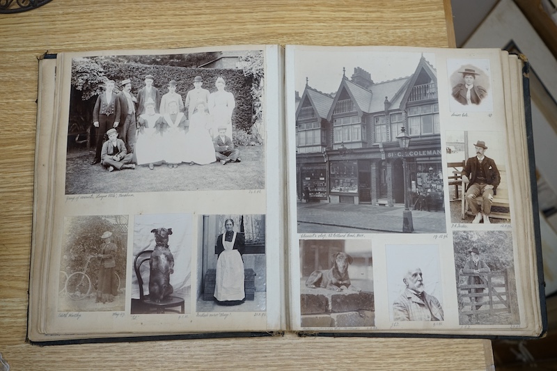 A late Victorian photograph album; 1890's onwards, assorted portraits, topography including Sussex, Hove Bowling Club, opening meeting 1905 and various railway related images. Condition - spine torn album damaged, photos